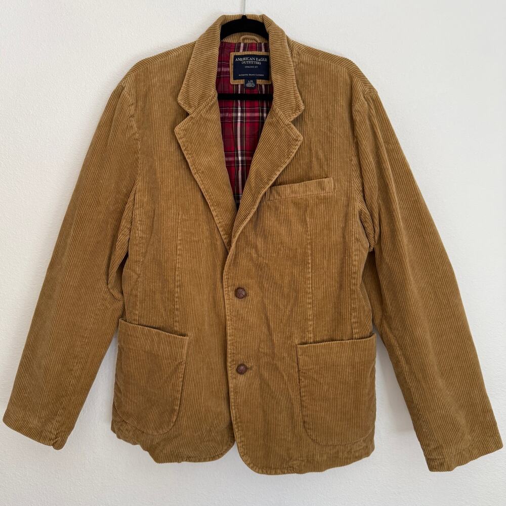 VTG American Eagle Outfitters Men's Sz L‎ Corduroy Blazer Tan Elbow Patch Preppy